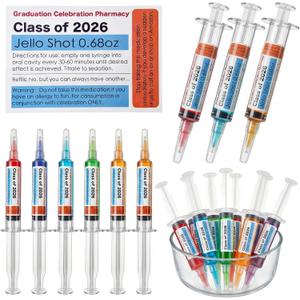 48 Pcs Nurse Graduation Party Decorations Class of 2026 Jello Shot Syringes 24 Pack 20ml Reusable Plastic Syringe Shooters with Caps and 24 Pharmacy Prescription Stickers, Nursing RN Medical School Grad Party Favors Supplies