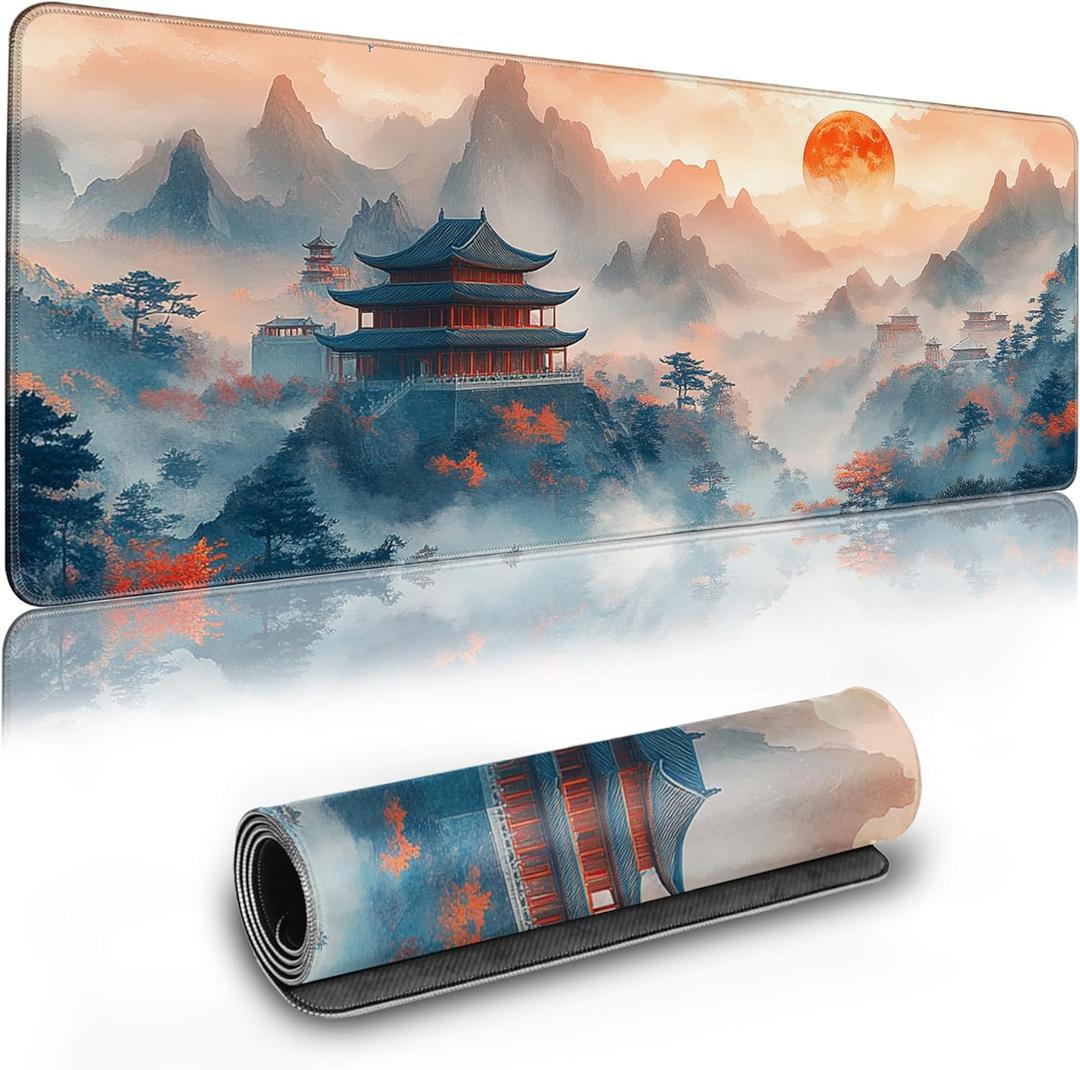 Extended Gaming Mouse Pad Anime Large Desk Pad with Non-Slip Base Full Keyboard Mat with Stitched Edges for Gaming and Office 31.5 x 11.8 inches (Mountain View)