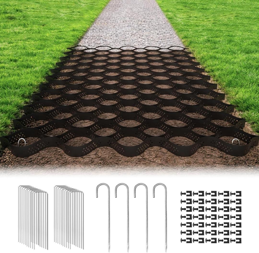 Gravel Grid 2'' Depth with Metal Stakes, 6.6x33 FT Geogrid for Gravel Driveway 2200 lbs per Sq FT Erosion Control Ground Grid Gravel Stabilizer Grid for Driveway, Parking Lot, Slope, Walkway, Patio