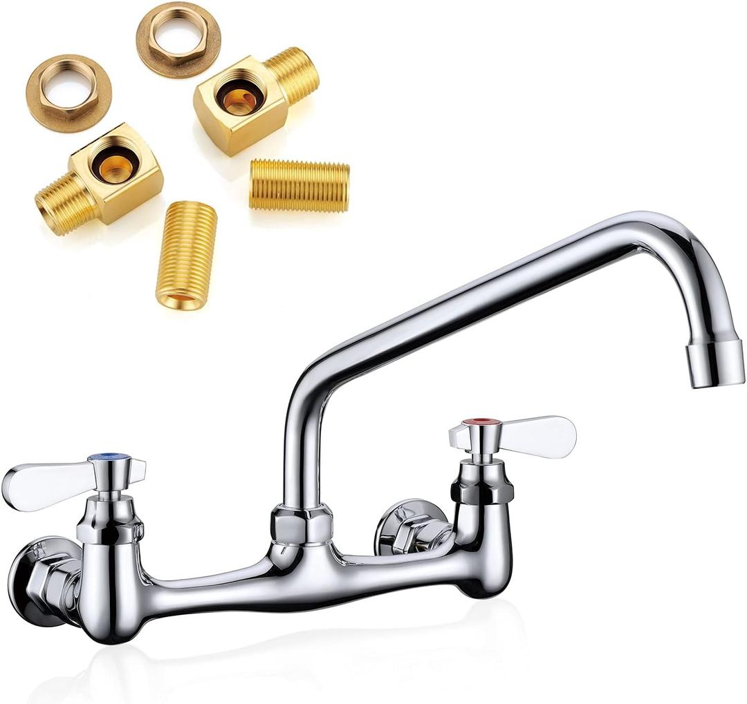 Wall Mount Faucet 8 Inch Center Commercial Kitchen Faucet, 12 Inches Swivel Spout Wall Mounted Restaurant Sink Faucets 2 Handle Commercial Faucets for Laundry Utility(Polished,12")