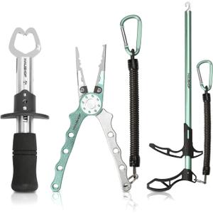 HAUSHOF Fishing Tool Kit, Aluminum Fishing Pliers, Stainless Steel Fish Lip Gripper, Fish Hook Remover with Safety Coiled Lanyard and Sheath, Gifts for Men Women (Light Green)