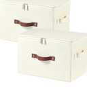 2 Pack Storage Bins with Zipper Lid Cotton Linen Fabric Lidded Storage Baskets Boxes Foldable Washable Closet Shelf Clothes Organizer Container with PU Leather Handles (Beige, Large Size)