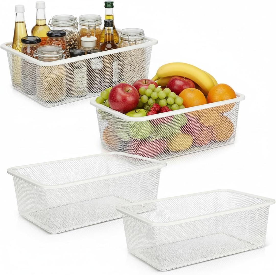 4 Pack Metal Mesh Storage Baskets, Metal Wire Organizer Bins, Stackable Pantry Containers for Kitchen, Cabinet, Fridge, Closet, Bathroom, Makeup and Home Organization(White,Small)