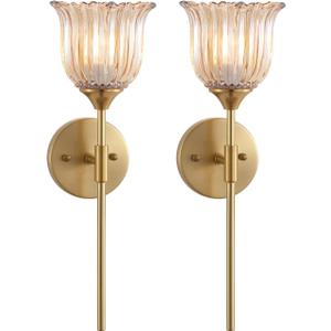 Gold Wall Sconce Set of 2 with Amber Glass Shades Modern Mid Century Bathroom Vanity Wall Light Fixtures Industrial Brushed Brass Wall Lamp for Bedroom Mirror Living Room Restaurant