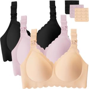 Gailife 3 Pack Nursing Bras for Breastfeeding Seamless Wireless Maternity Bras for Pregnancy Soft Sleep Breastfeeding Bra (XX-Large, Black/Beige/Pink)