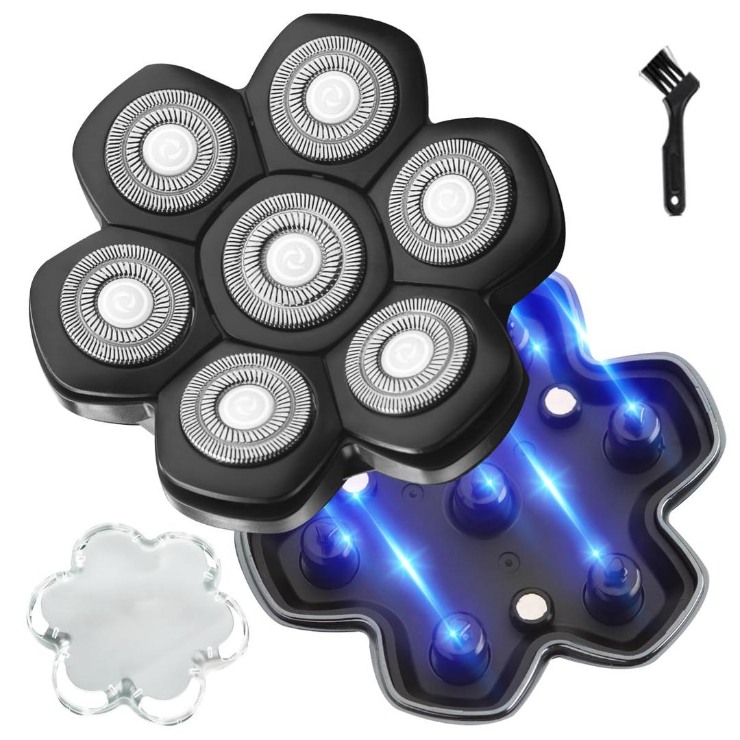 Universal Magnetic Detachable 7D Replacement Heads For Electric Head Razor Stainless Steel Shaver Blades for Bald Men's Smooth Shave (7D Black)