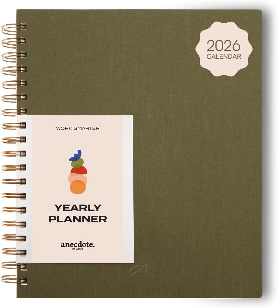 Anecdote Planner 2026 (8.5" x 10") Daily Planner Weekly Monthly Planner - 52 Weeks w/Library Buckram Cover, Brass Spiral - A4 Size Bleed-Resistant Paper  Olive Green