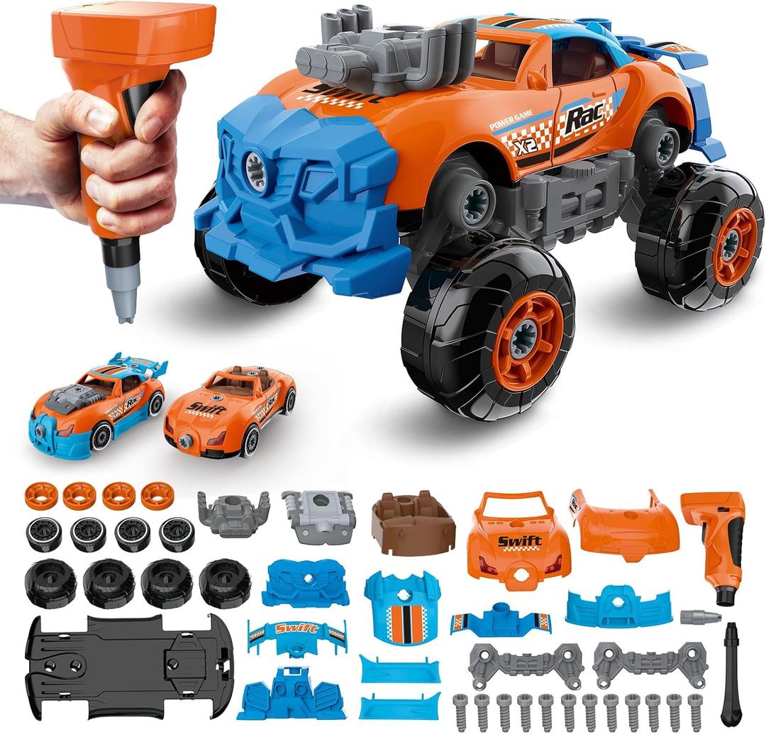 3-in-1 Take Apart Car for Boys Ages 3 4 5 6 7, Building Toys with Electric Drill, 43 Pcs Construction Toy Truck, Build Your Own Car with Play Tools, Ideal STEM Gift for Kids Children (Orange)