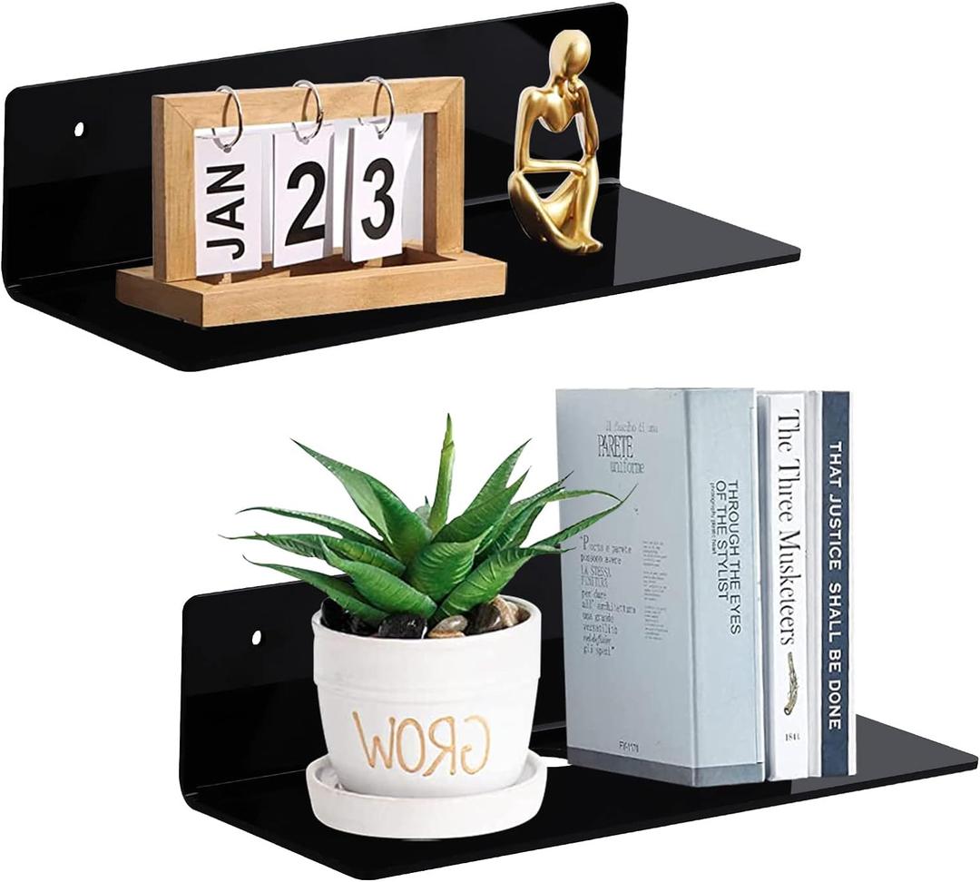 9 Inch Acrylic Floating Shelf No Drill Adhesive Wall Shelf Set of 2 for Funko Pop Storage, Floating Shelves Damage-Free Expand Wall Space for Living Room, Bathroom, Gaming Room, Office - Black