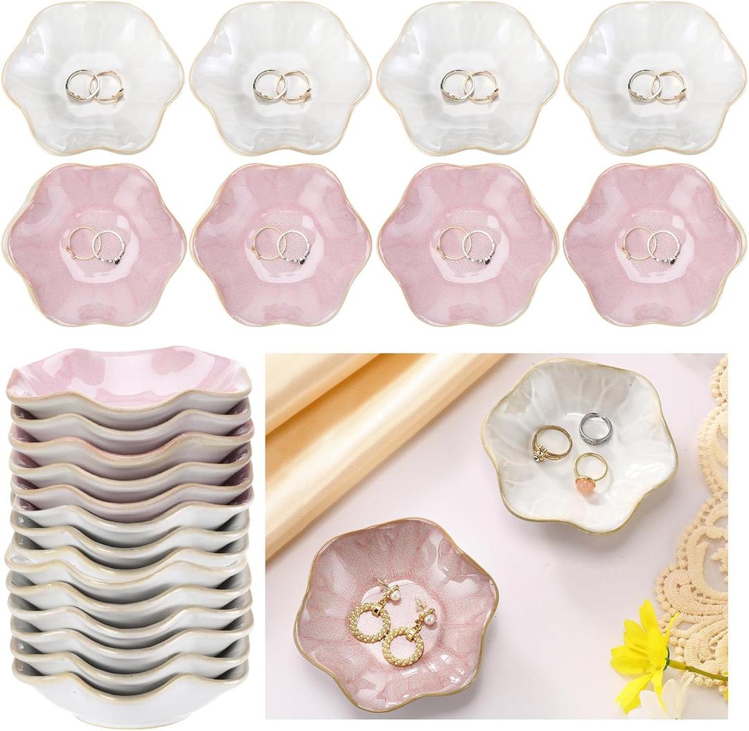 8 Pcs Ceramic Trinket Dish Lotus Leaf Jewelry Tray Small Ring Dish for Earrings, Rings, Jewelry Holder, Key Bowl(White,Pink)