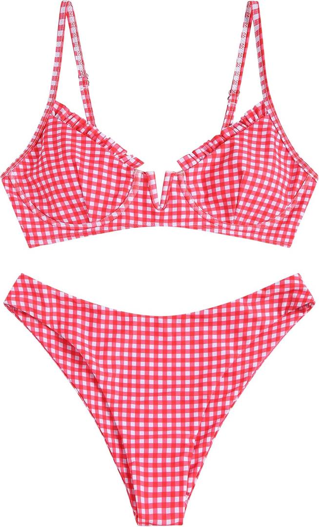 ZAFUL Women's Underwire Bikini Floral High Cut Bikini Set V-Wired Two Piece Swimsuit Bathing Suit (Medium)