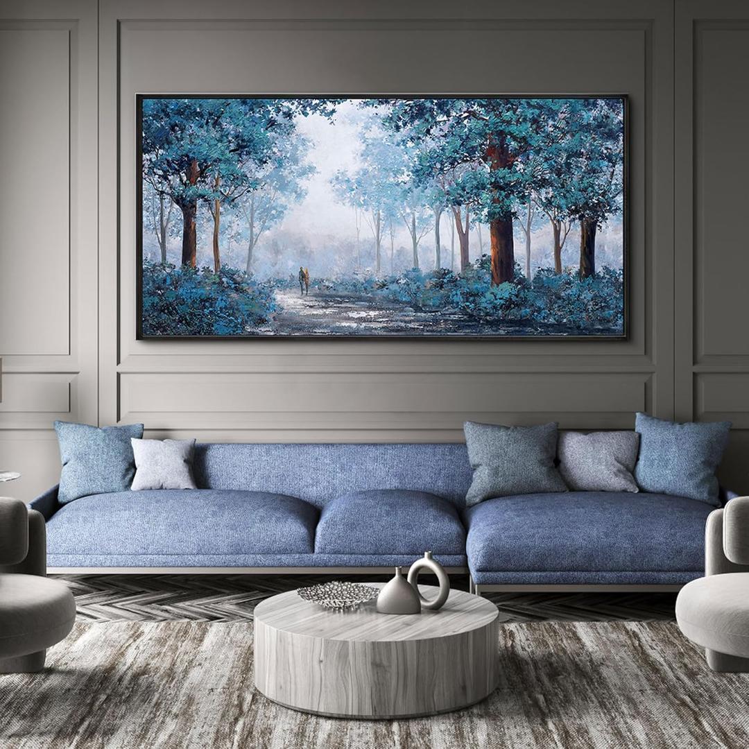 KLAKLA Blue Tree Wall Art for Living Room - Black Frame Border Bedroom Art - Prussian Blue Tree Wall Art for Bedroom - Framed Artwork Blue Leaves Plant Forest Wall Decor (48"L x 24"W)