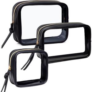 3Pcs Travel Clear Makeup Bag Set for Women, Transparent Toiletry Bag with Zipper Portable Makeup Pouch Organizer Waterproof Small Cosmetic Bag Compact Car Bag Organizer Car Accessories (Black Set)