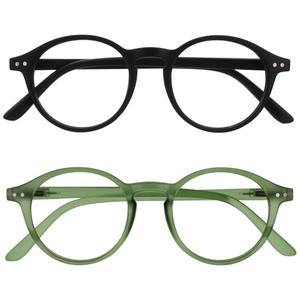 OPULIZE REY Reading Glasses for Women Men, Retro Round Frame with Spring Hinges, Matte Black, Green +1.50 (Pack of 2)