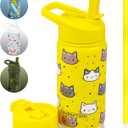 14 OZ Kids Water Bottle with Straw & 2 Lids (Flip & Spout) Leak Proof Metal Insulated Stainless Steel Reusable Tumbler for School & Sports Water Bottle - Yellow (Cat)