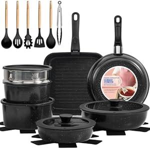 KIKCOIN Ceramic Nonstick Pots and Pans Set - Cookware Set with Detachable Handle - 25 Pack Stackable Cooking Set for RV Kitchen, with Frying Pans, Steamer - Induction/Dishwasher/Oven Safe, PFOA Free (Cream)
