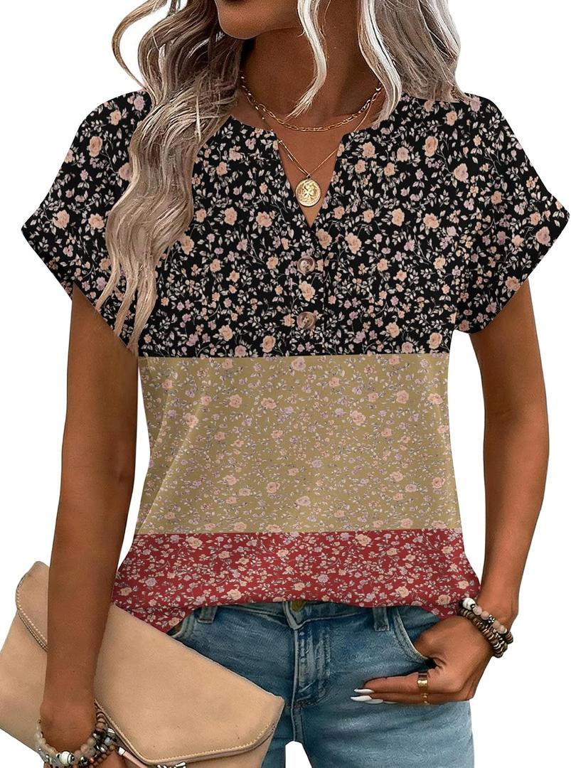Zeagoo Women Tops Summer Short Sleeve T Shirts V Neck Dressy Casual Work Blouses Fashion Boho Clothes S-3XL (L)