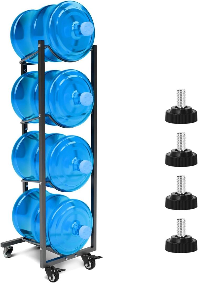 5 Gallon Water Jug Holder with 4 Wheels: 4 Tier Steel 5 Gal Water Bottle Storage Rack Stand for Home Kitchen Office Gym Garage