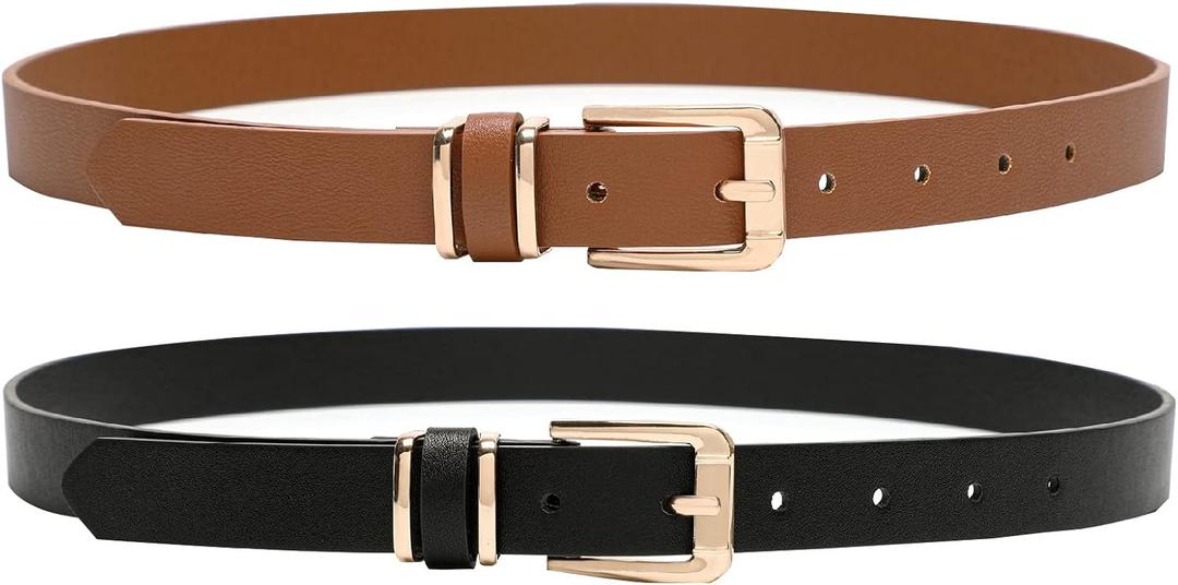 Earnda Women's Skinny Waist Belts for Jeans Dress, PU Leather Pin Buckle Thin Belt 2 Pack (biege&brown) XS