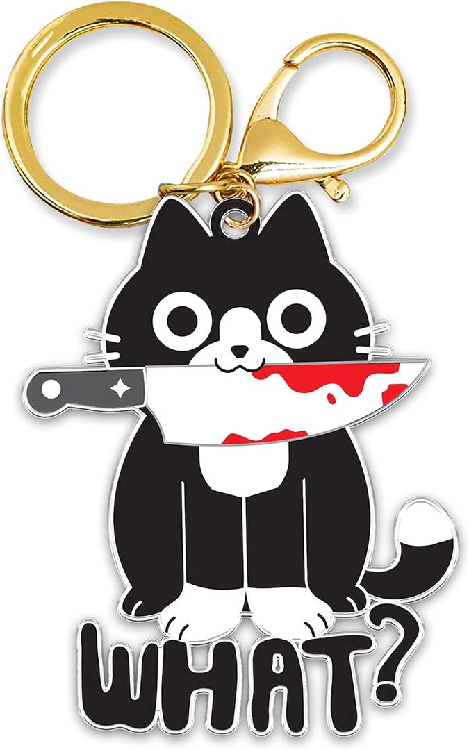 7 x DongNaiWin Glittery Cat Keychain with What? Text, Gold and Black