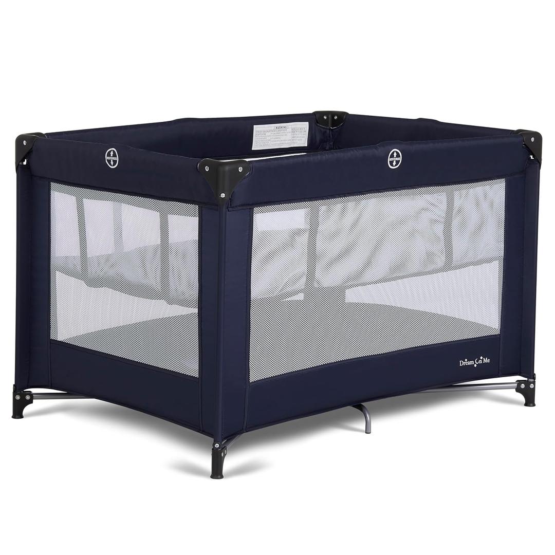 Dream On Me Zazzy Portable Playard with Bassinet - 360° Mesh Visibility, Quick Folding Travel Friendly Design, Carry Bag and Foldable Mattress Pad Included, Compact and Lightweight - Navy