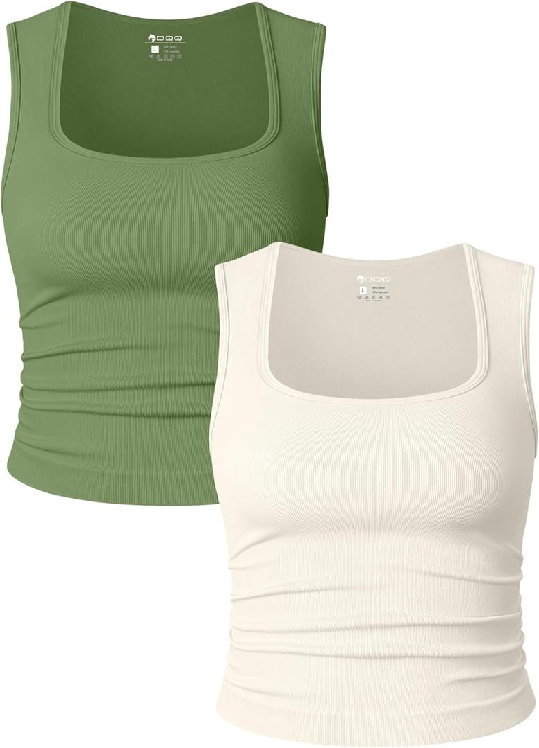 OQQ Womens 2 Piece Crop Tops Rueched Sleeveless Square Neck Stretch Basic Tank Shirts (Green, L)