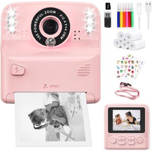 Kids Instant Print Camera with 2 Flash Lights, Children Selfie Digital Camera with 2.4 Inch Screen, 32GB Card, 5 Rolls Print Paper for Age 3-12 Girls Boys Toy Gifts Travel (A Pink)