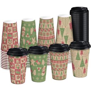 RUSPEPA Disposable Paper Coffee Cups with Lids 16 oz - 48 Pack Red and Green Design Printed Paper Drinking Cups, Thickened Paper Style for Hot/Cold Beverages, Home, Business, Restaurant and Cafe