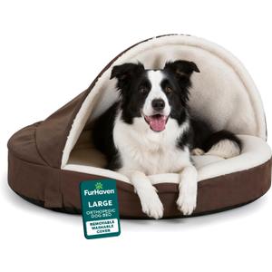 Furhaven 35" Round Orthopedic Dog Bed for Large/Medium Dogs w/ Removable Washable Cover, For Dogs Up to 50 lbs - Sherpa & Suede Snuggery - Espresso, 35-inch