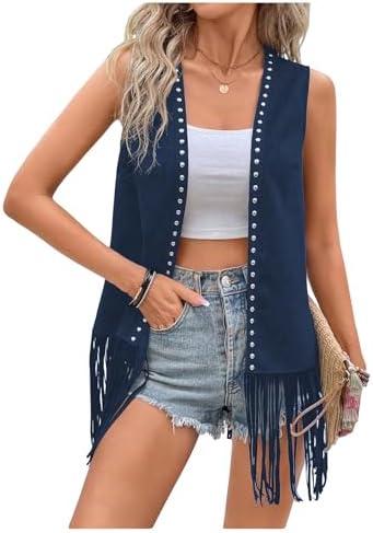 Verdusa Women's Fringe Vest Cardigan 70s Hippie Rivets Tassel Sleeveless Studded Jacket M
