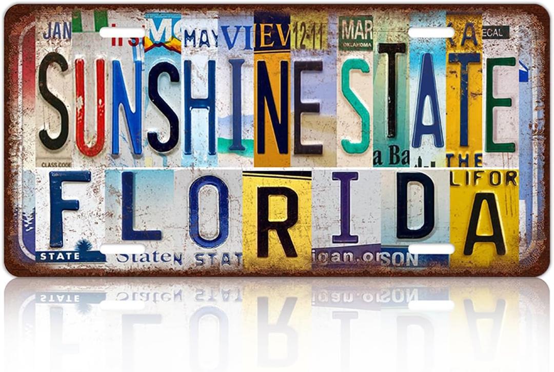 Vintage City License Plate Florida Sunshine State Wall Decor Metal Tin Sign for Bar Garage Room 12 x 6 Inches