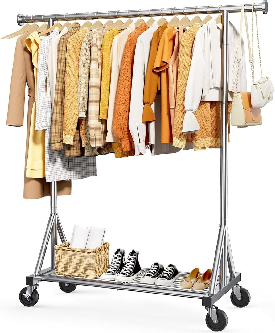 Sakugi Heavy Duty Stainless Steel Rolling Clothes Rack with Mesh Shelf, Lockable Wheels & Anti-Slip Stoppers, Large Capacity Clothing Organizer for Bedroom, Laundry Room, 42.5" x 16.5" x 65.9", Silver