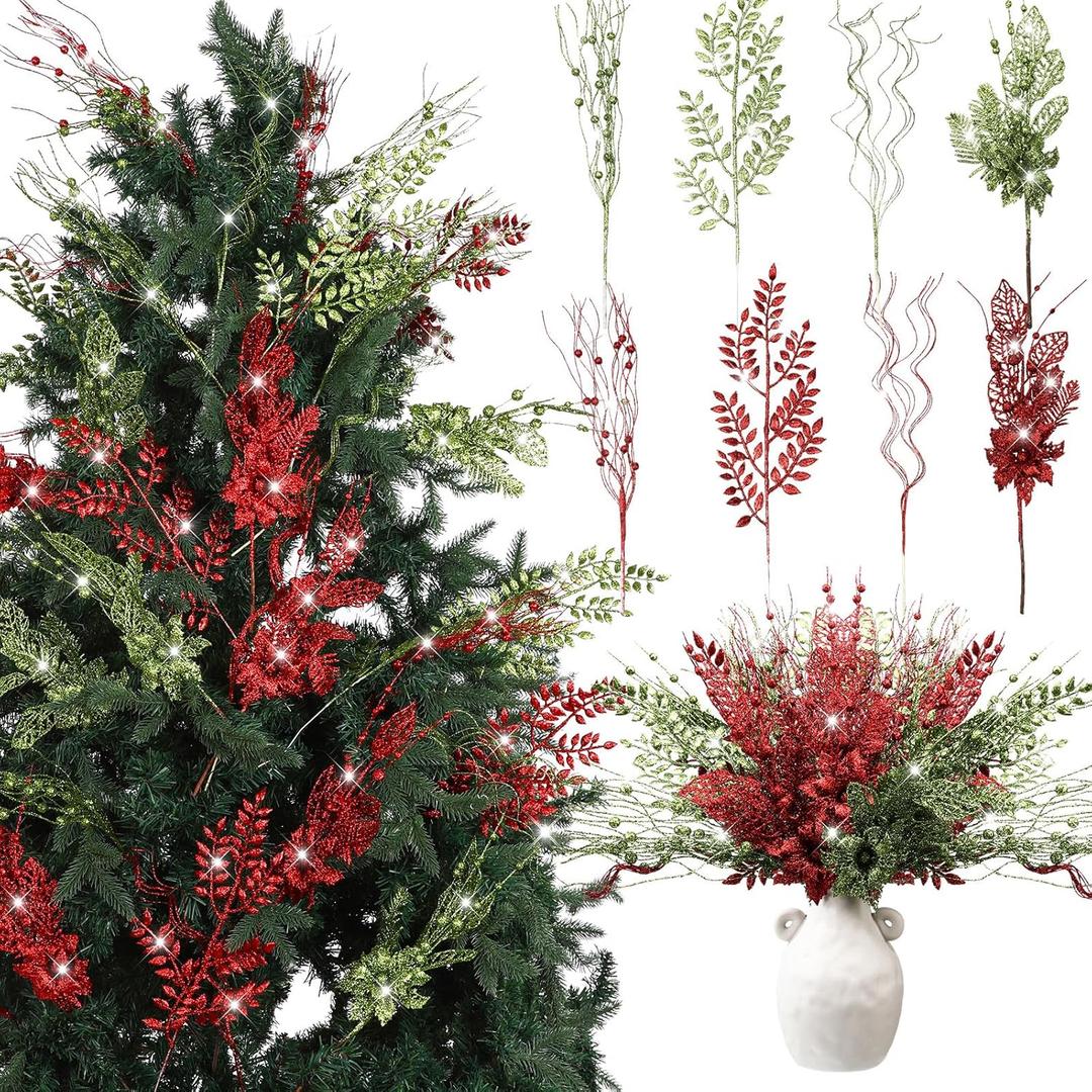 Thiccywoov 40 Pack Red Green Christmas Picks and Sprays for Tree 17.5'' Artificial Glitter Berry Stem Pick with Poinsettia Christmas Tree Filler Ornaments Tree Topper Branch for Xmas DIY Wreath