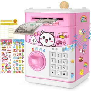 JUNEU Piggy Bank for Kids, 3 4 5 6 7 8 Year Old Girl Toys, Electronic Money Saving Box for Kids, Mini ATM Coin Bank, Birthday Gifts for Girls, Cool Stuff, Ideas, White Elephant Gifts