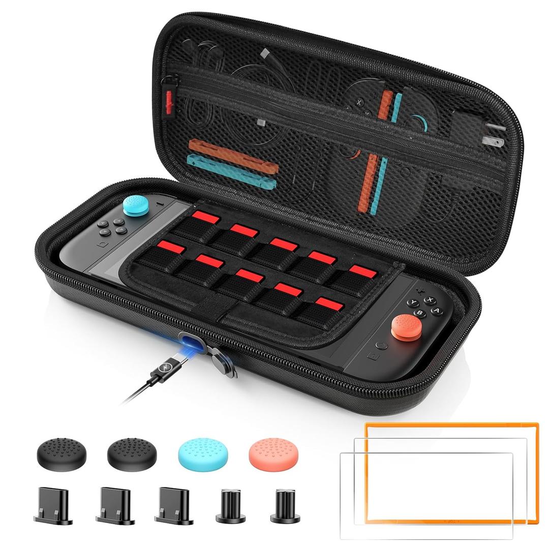 [All in One] Bundle Accessories for Nintendo Switch 2, Carrying Case for Switch 2, 2X Tempered Glass Screen Protector with Frame, 4X Thumb Grip, 5X Dust Plug