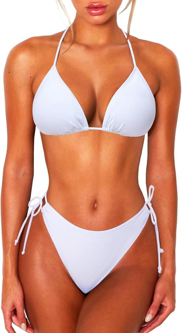 OZICERD 2 Piece Bikini Sets for Women Halter Triangle Bikini Tops Brazilian String Swimsuit Full Coverage Bottom Bathing Suit (Large)
