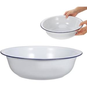 FOMIYES Vintage Enamel Foot Soaking Basin, Retro Foot Bath Soak Tub for Spa Pedicures, Multi-Purpose Wash Basin for Feet, Face, Laundry, and More, 11.81 X 11.81 X 3.54 Inches, White with Blue Rim