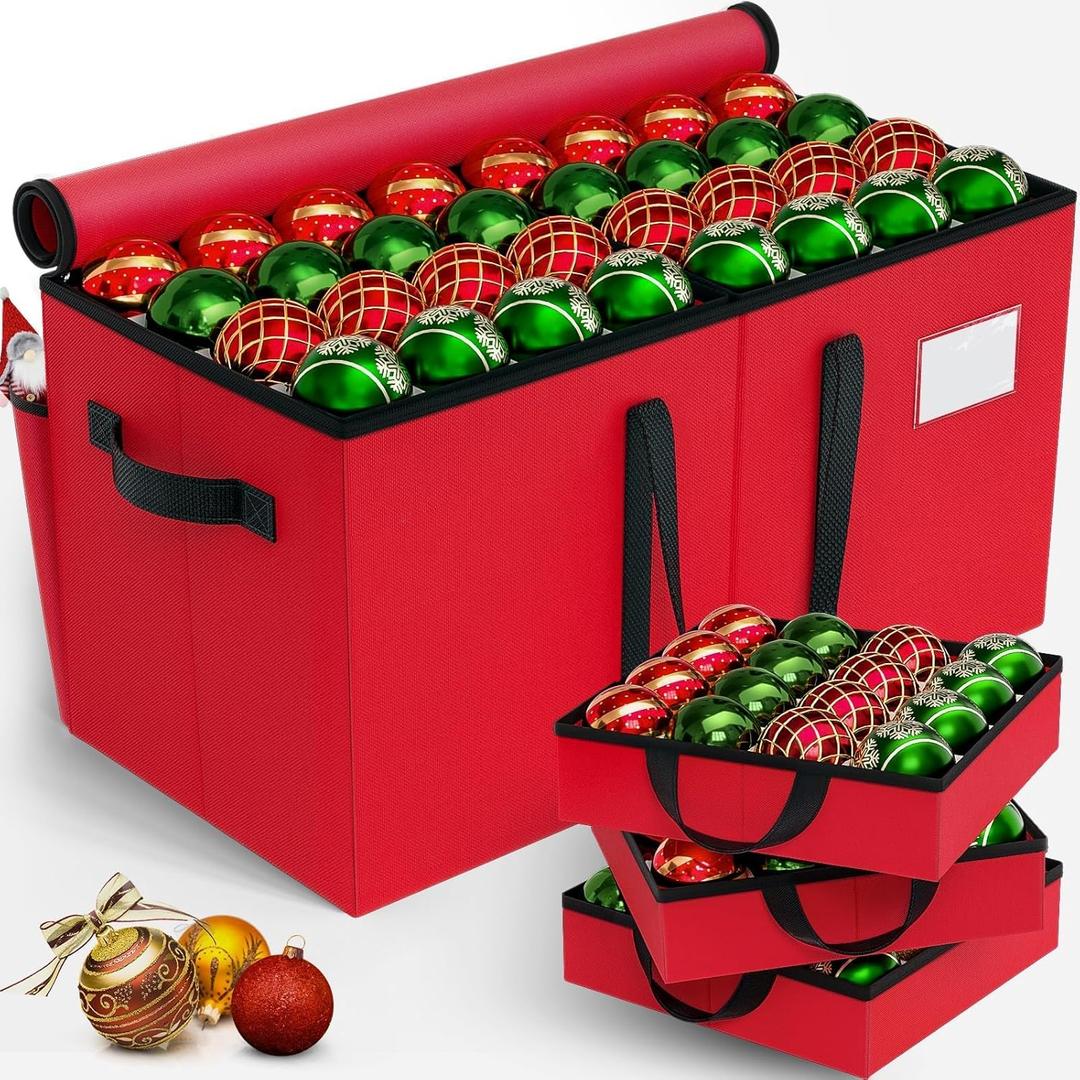 Christmas Ornament Storage Box - Large & Sturdy Christmas Storage Container with Adjustable Dividers, 8 Individual Trays and Handles, Holds up to 128 Holiday Decorations (Red)