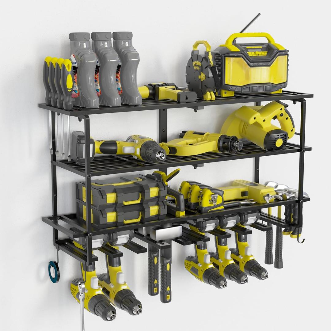 Large Power Tool Organizer Wall Mount, 4 Layer Heavy Duty Metal Storage Rack, Garage Storage Cordless Tool Organizer with Screwdriver Holder, Holds 8 Drills, 300 lbs Capacity for Garage Workshop