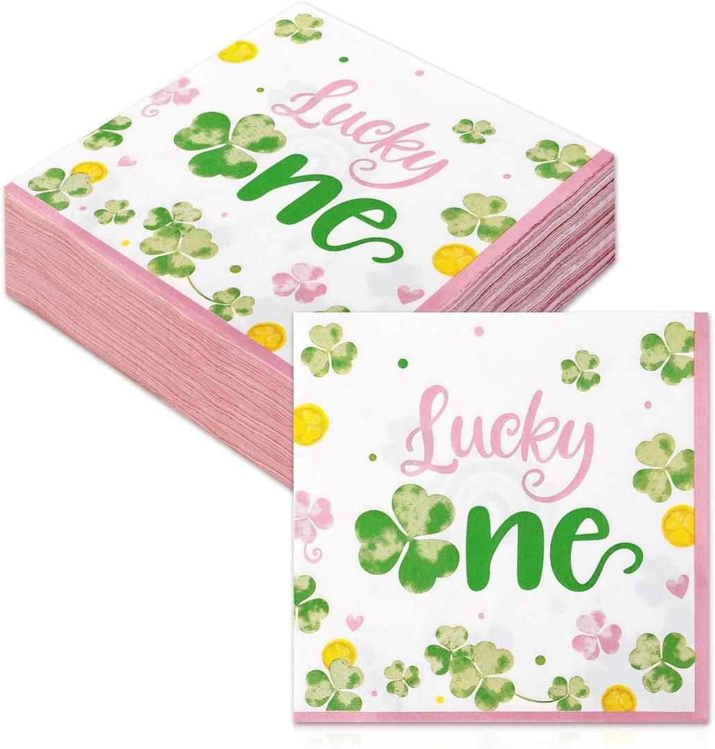 Nefelibata Lucky One Napkins 50Pcs, St. Patrick's Day Lucky One First Birthday Decorations for Girl, Shamrock Paper Napkins for Girl's Birthday Party, Pink Irish Table Decor