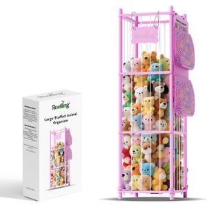 Stuffed Animal Storage & Organizer, 54 inch Tall Wooden Cute Zoo Toy Holder w/Building Block Storage Bag, Premium Wooden Material with Elastic Cord for Toddler Rooms, Playrooms (Pink, Large)