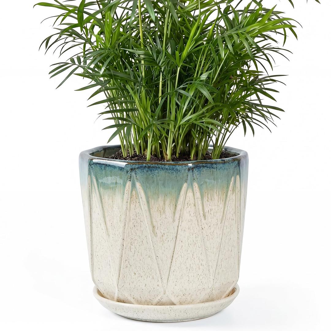 SAFIOROIS 10 Inch Ceramic Plant Pot with Drainage Hole Mesh Net, Large Flower Pots for Indoor Plants with Saucer, Gardening Pots Outdoor (Blue Linen)