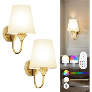 Battery Operated Wall Sconces Set of 2, Gold 10000mAh Rechargeable Dimmable LED Bulb, 15 Colors & Remote, with Fabric for Bedroom Living Room Hallway Staircase Decor
