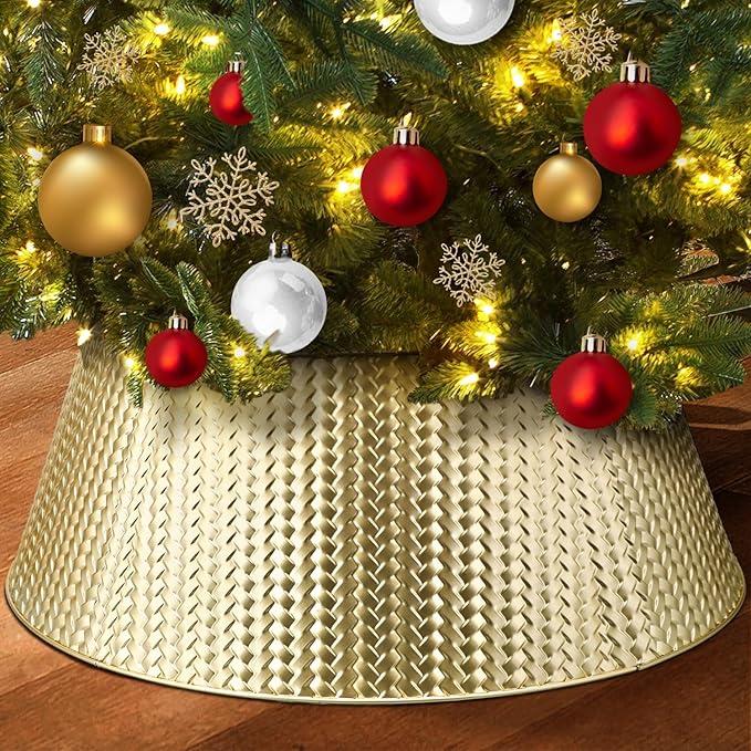 EIMMBD Metal Christmas Tree Collar, 28 Inch Christmas Tree Collar Basket Skirt for Large Christmas Tree, Artificial Tree Skirt Holiday Christmas Decorations Indoor Outdoor(Champagne Gold)