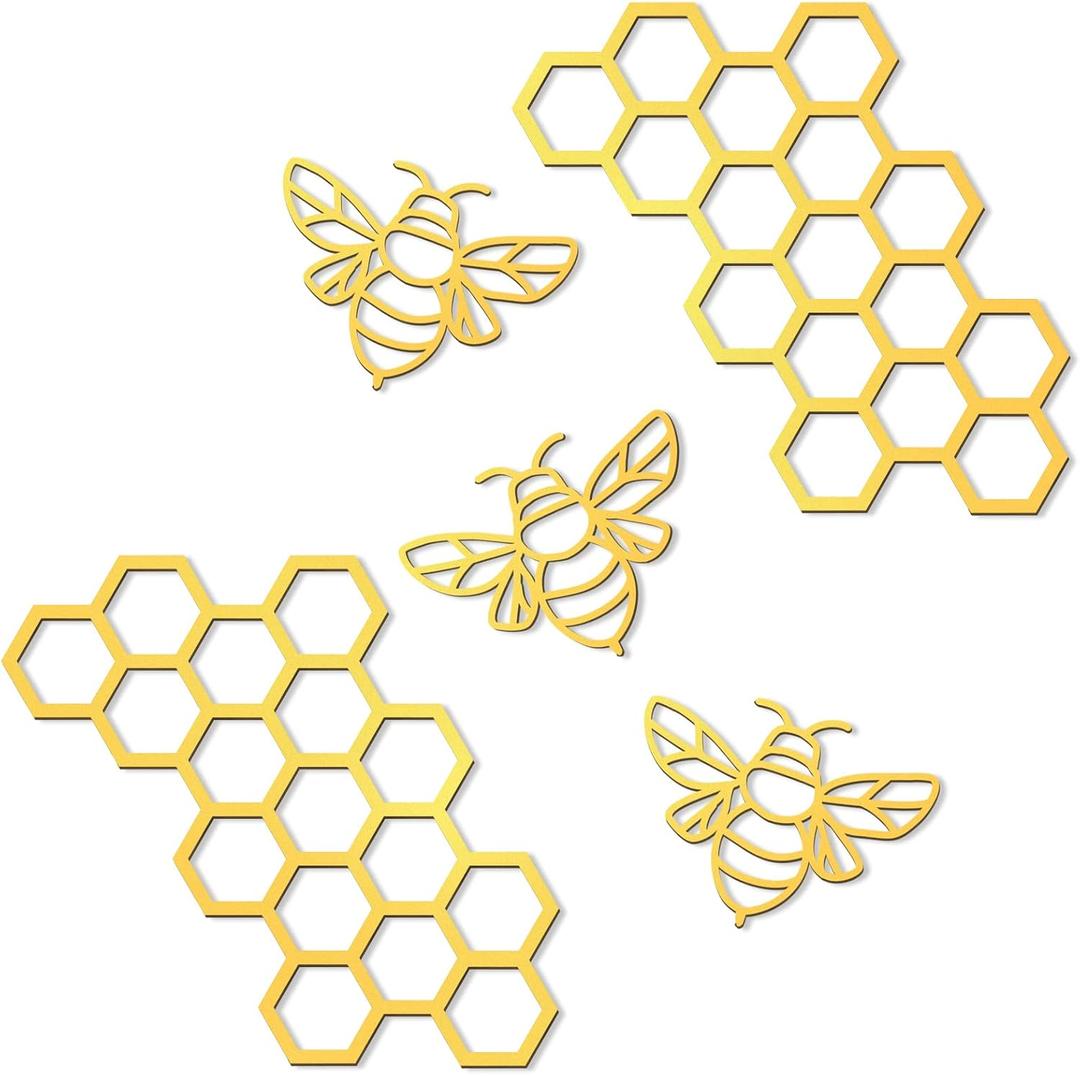 Peryiter 5 Pcs Metal Bee Wall Art Farmhouse Honey Bee Honey Comb Decor Wire Metal Wall Decor Hanging for Living Room Garden Bedroom Office Home(Gold)