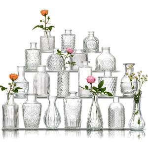 Glass Bud Vase Set of 20 - Small Vases for Flowers in Bulk - Assorted Vintage Crystal Vases for Flowers, Table Centerpieces (Clear, 20 Pcs)