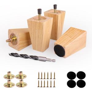 4 inch Square Wood Legs Set of 4,Rubber Wood Furniture Legs Replacement Couch,Sofa,Cabinet,Bench,Ottoman,Bed Support (4 Inches,Natural Color)