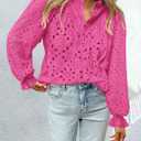 PRETTYGARDEN Women's Dressy Casual Blouse Tops Fall Spring Puff Long Sleeve Button V Neck Hollow Out Lace Embroidered Shirts (Pink)