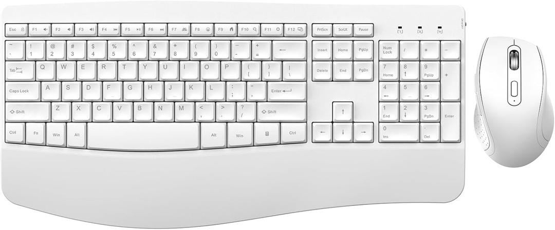Ergonomic Keyboard and Mouse Combo, Full Size Cordless Computer Keyboard with Palm Wrist Rest Ergonomic Mouse for Windows Computers Laptops - White