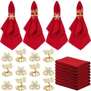 Sliner 24 Pcs Christmas Napkins and Ring Set 12 Pcs Red Washable Christmas Napkins Cloth and 12 Pcs Xmas Napkin Rings Holder for Holiday Dinner Party(Metal, Elk, Snowflakes)